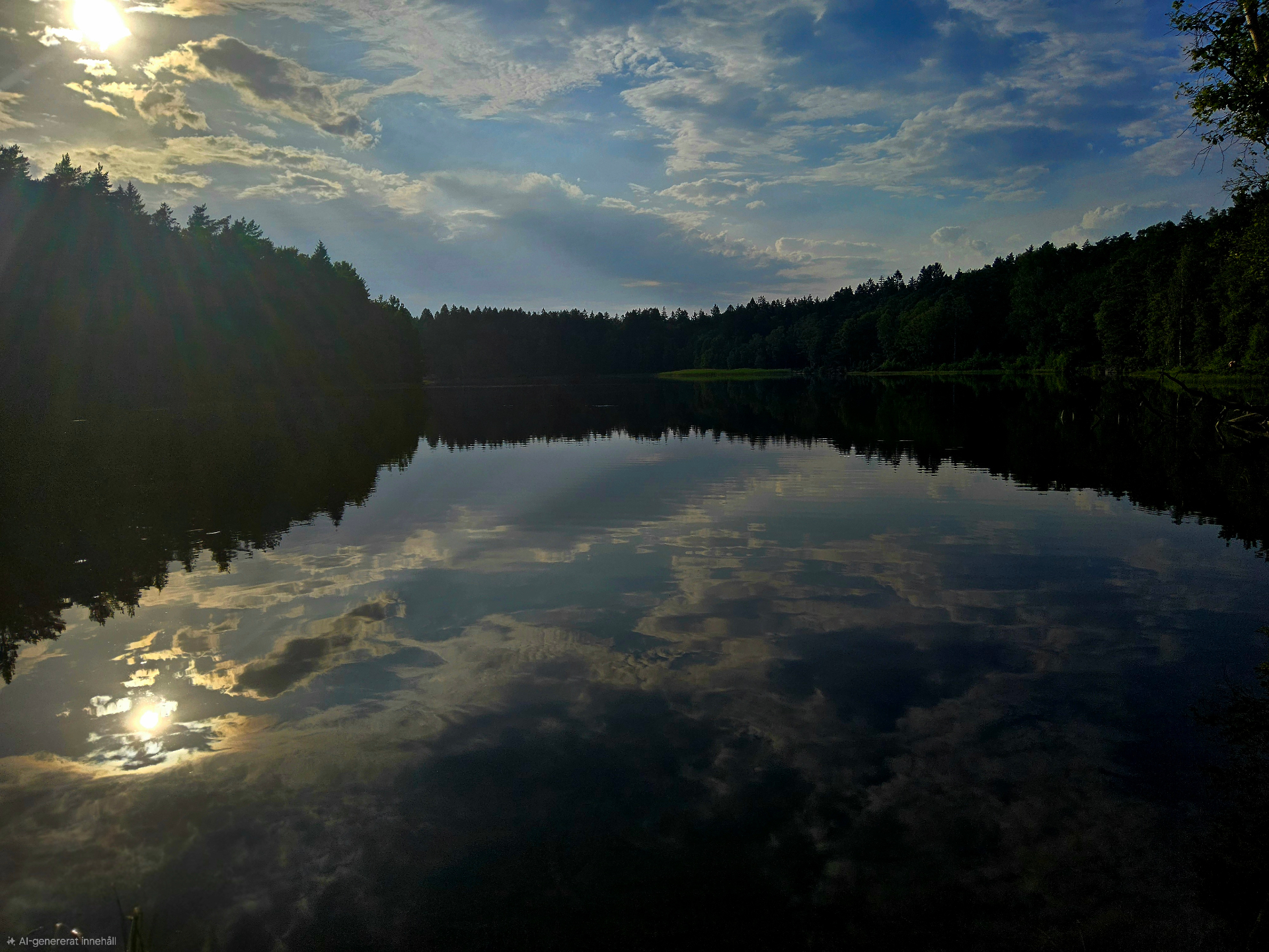 En öppen sjö där himlens moln speglas i spegelblankt vatten — en bild om återhämtning, vatten och nervsystem.