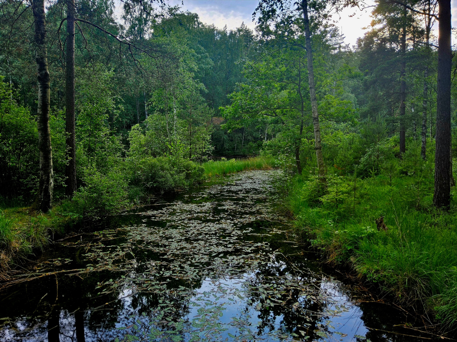 En stilla skogstjärn där näckrosor vilar på spegelblankt vatten — en bild om återhämtning och natur.
