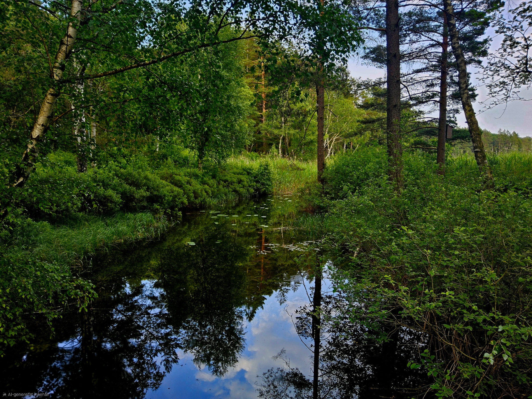 En smal vattenkanal som leder vidare in i skogen — en symbol för den personliga resan.