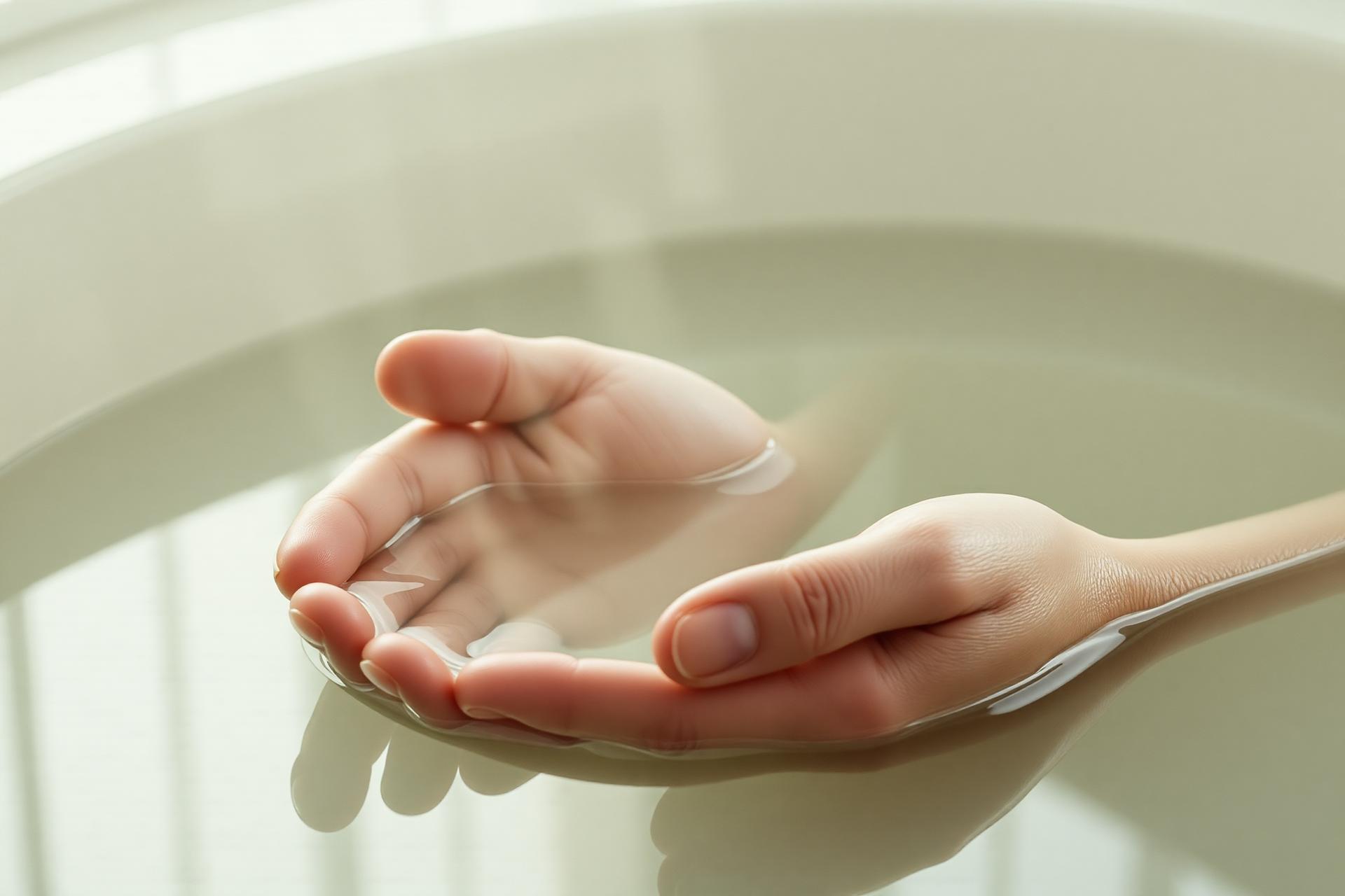 Mjuka händer som vilar i vatten med varmt naturligt ljus