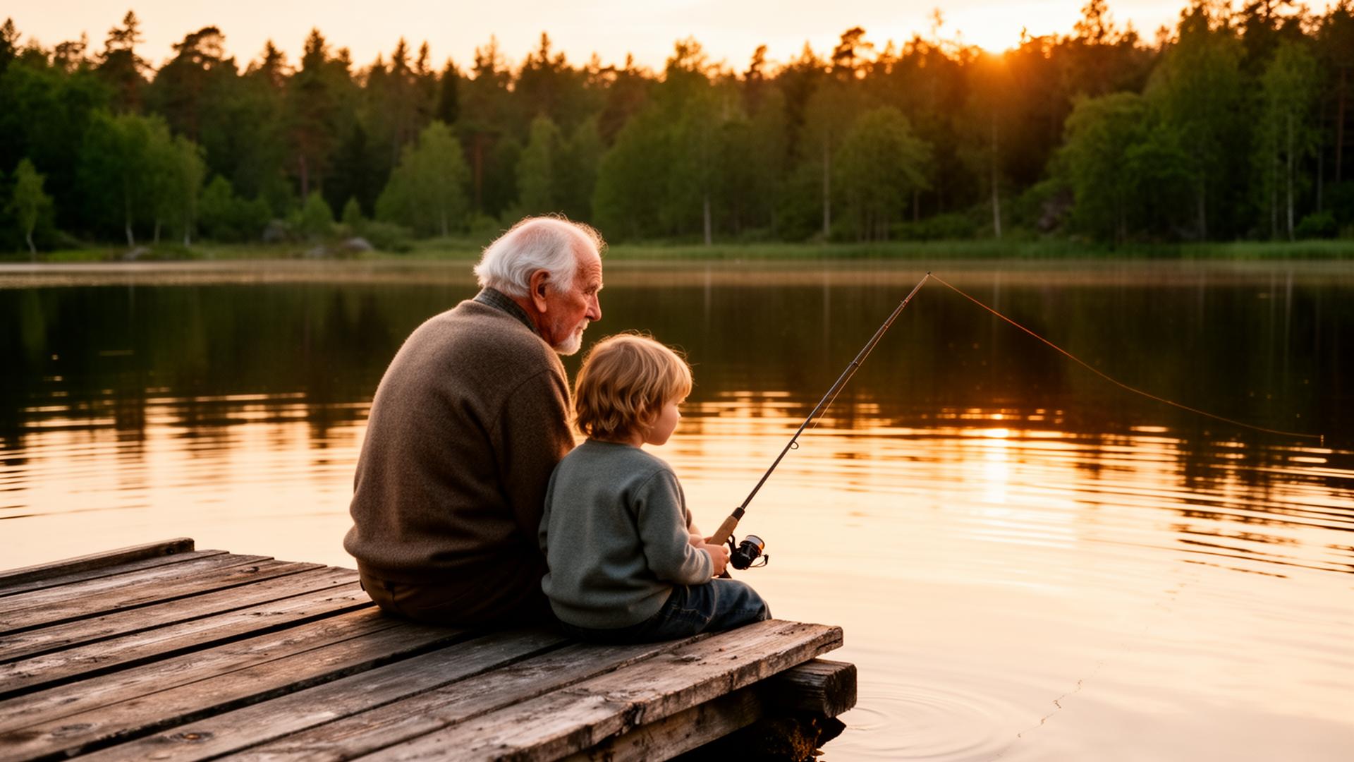 En äldre man och ett barnbarn sitter tillsammans på en träbrygga vid en stilla sjö i kvällsljus — en bild om närvaro mellan generationer
