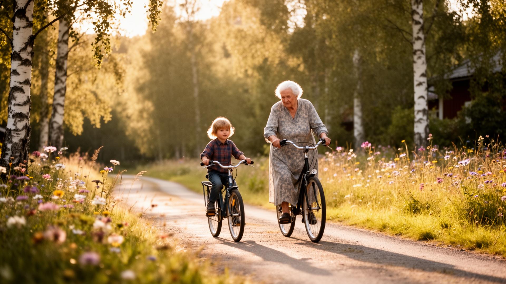 En äldre kvinna och ett barn cyklar tillsammans längs en sommarväg kantad av blommor och björkar — en bild om trygghet och tidlös svensk sommar